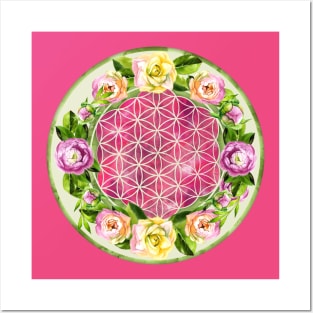 Flower of life in watercolor flower wreath Posters and Art